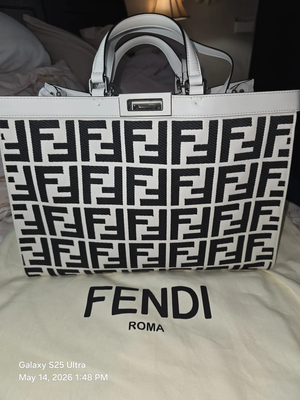 Fendi FF Canvas X-Tote Bag Black White Leather Trim Turn Lock. NWT. MFRP-$3800 - Picture 1 of 16